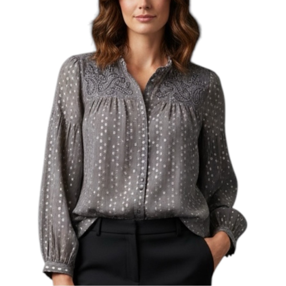 Chico’s Grey Taupe‎ Embroidered Sequin Sheer Top Blouse Large Cottagecore Beads